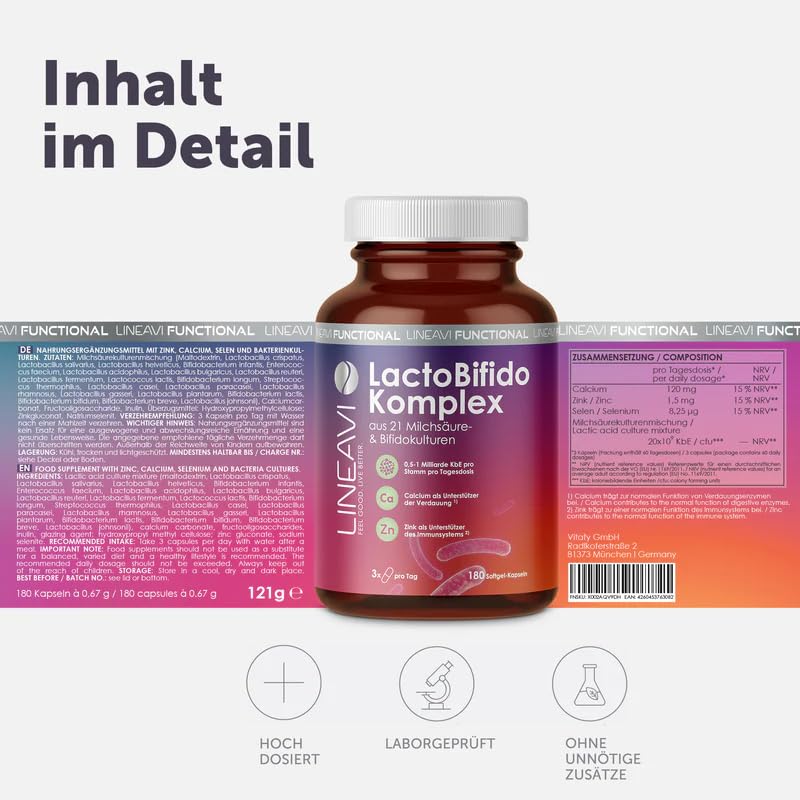LINEAVI LactoBifido Komplex, 180 Kapseln, Komplex aus 21 Milchsäure-& Bifidokulturen, für deine innere Stärke, für 60 Tage