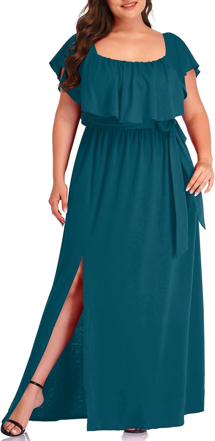 Plus Size Off The Shoulder Maxi Long Casual Beach Dress Pockets Women - Image 3