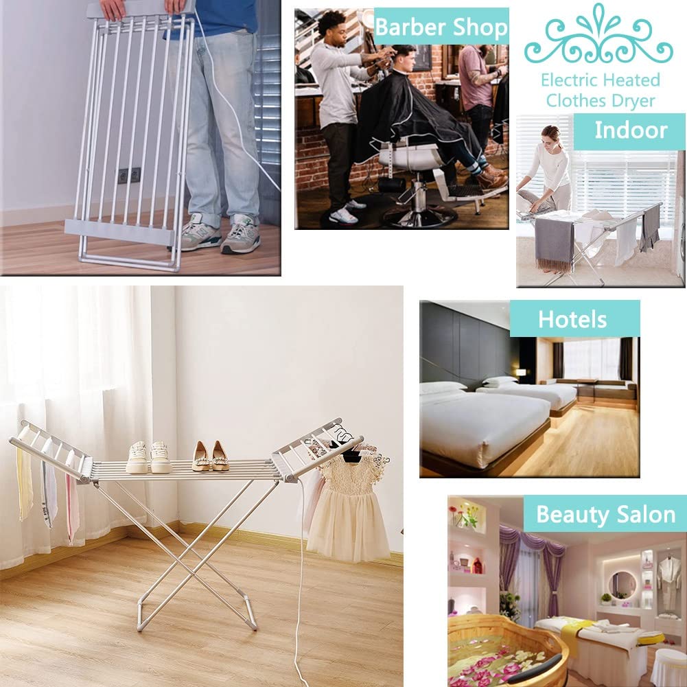 Tendedero Secador Eléctrico Plegable de Interior, Tendedero De Ropa con Calefacción Eléctrica, Calentador de Toallas de X para Establos, Lavado y Secado de 18 Barras con Alas