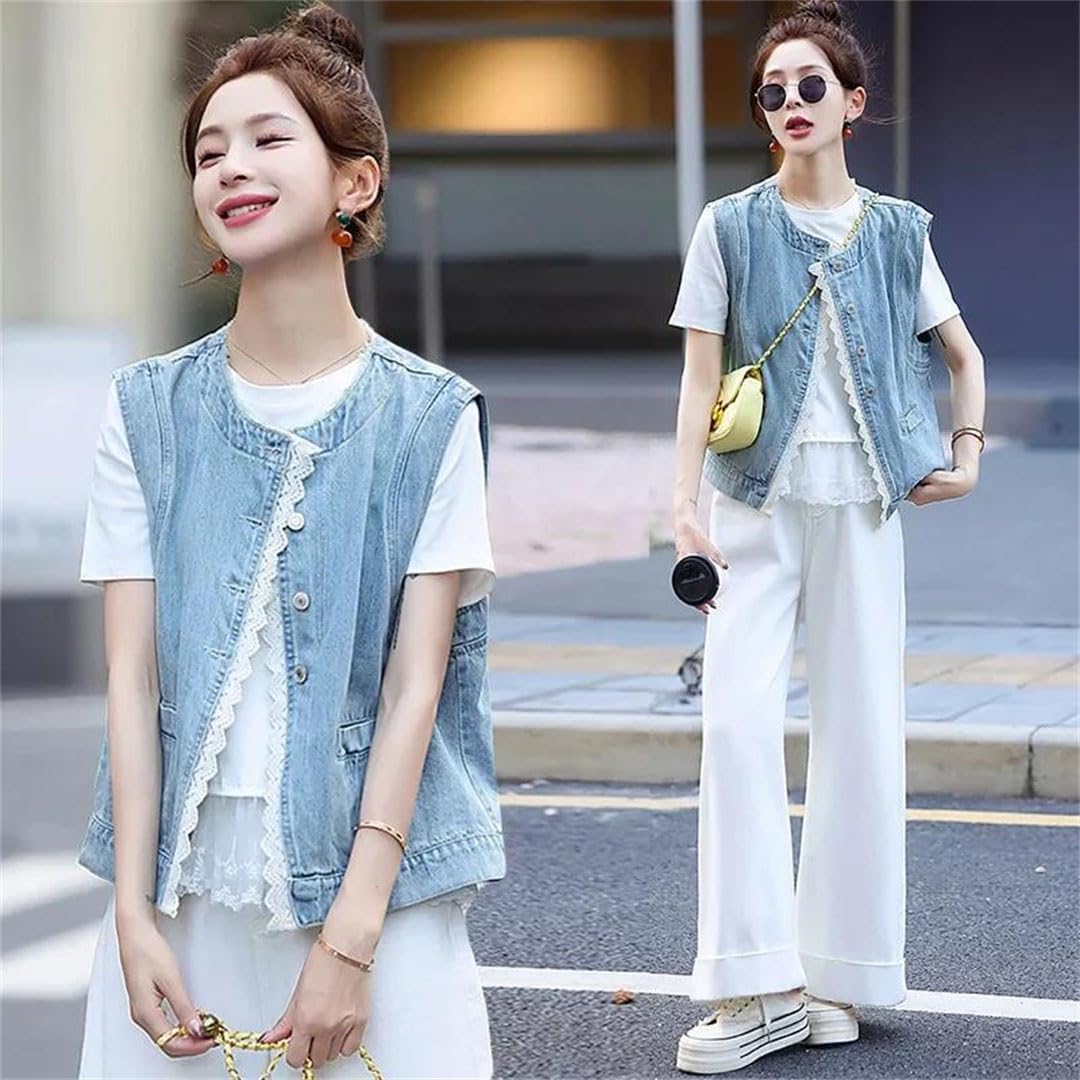 Women Spring Loose Round Neck Denim Lace Trim Vest Sleeveless Outerwear Jacket For Splicing Design