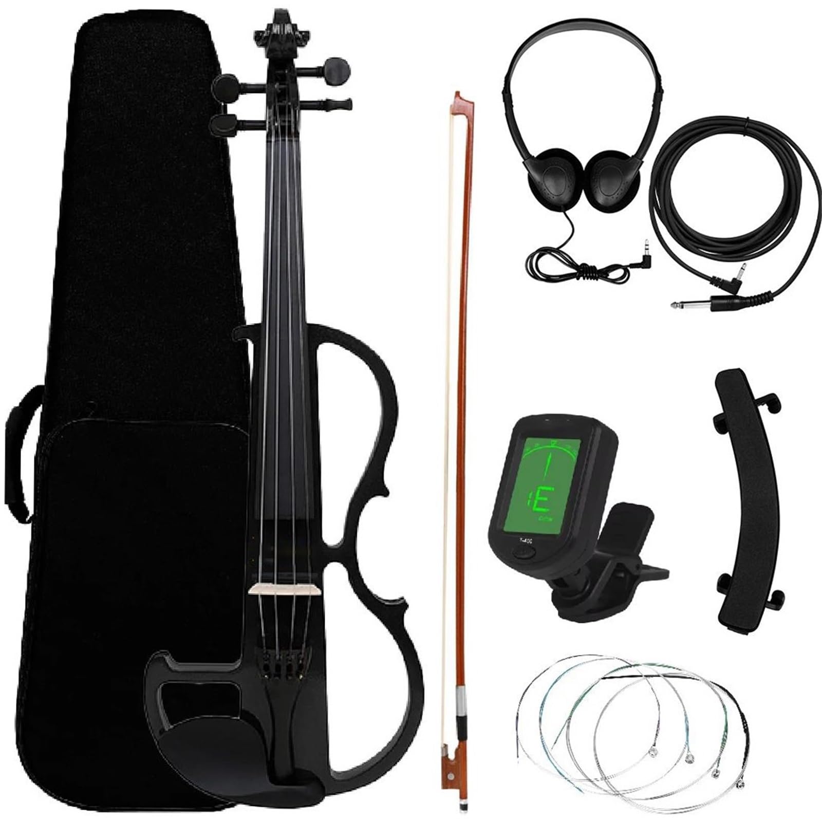 Kit Di Violino Professionale Violino Elettrico 4/4 Corpo Silenzioso Violino Elettrico Con Custodia Per Arco Cavo Di Collegamento Per Cuffie Parti E Accessori Per Violino(Black)