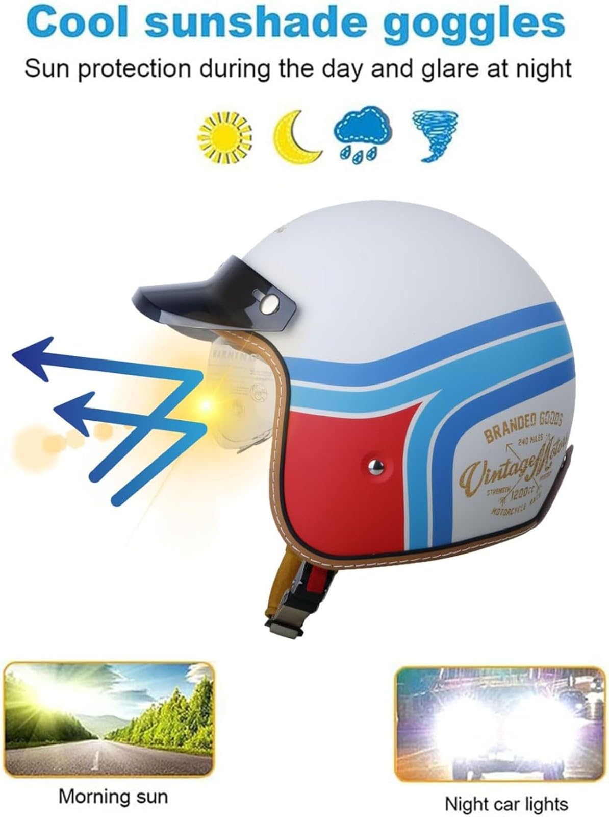 3/4 Casco Jet Capacete Moto Vintage con Gafas De Doble Capa Forro Cómodo Cascos Jet Homologado Dot/ECE Cascos Moto Adecuado para Adulto Hombre Mujer Casco Moto Vintage