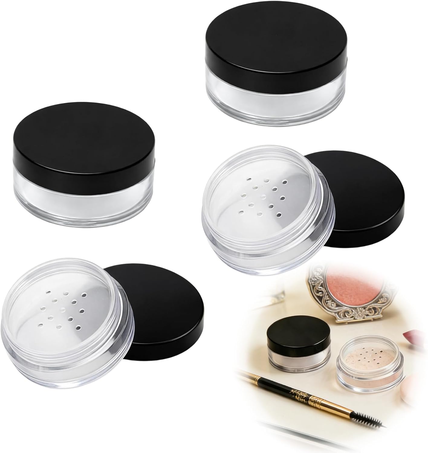 4PCS 10ml/0.34oz Refillable Loose Powder Containers with Rotating Sifter and Black Lid, Travel Pots for Loose Powder Makeup, Compact Dusting Powder Jar for Powder Puff and Container