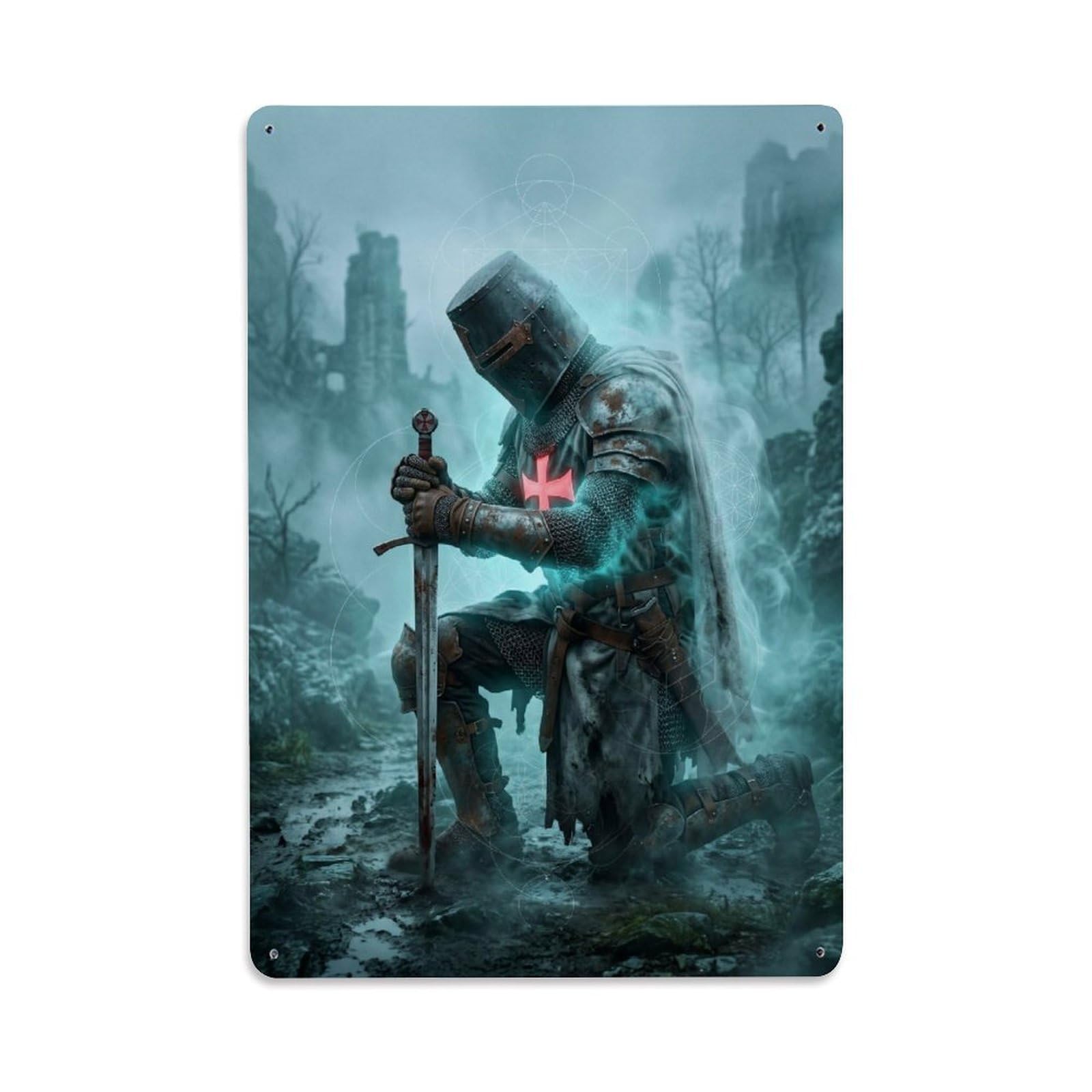 Olhnbad Style Kneeling Vigil Medieval Crusader Armour Ethereal Metal Tin Sign