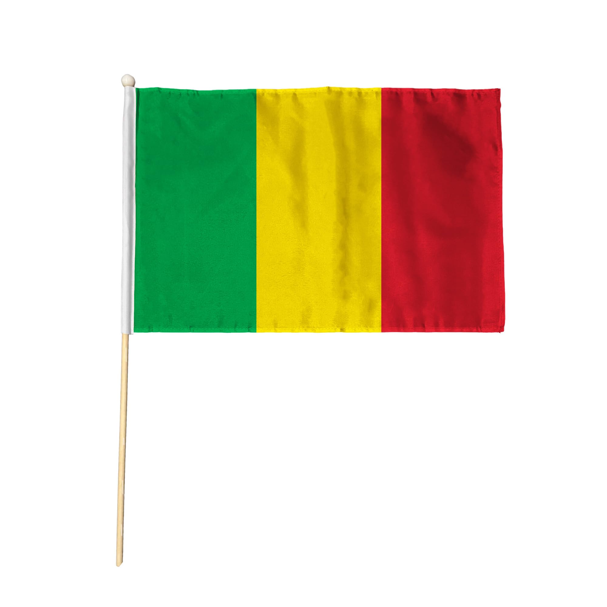 Flagtex Mali Pack of 12 Hand Waving Flag (18x12 Inch Large) - Premium Wooden Stick Hand Flag Big Size Natural Wood Pole Malian National Flag Events Celebrations International Sports Cultural