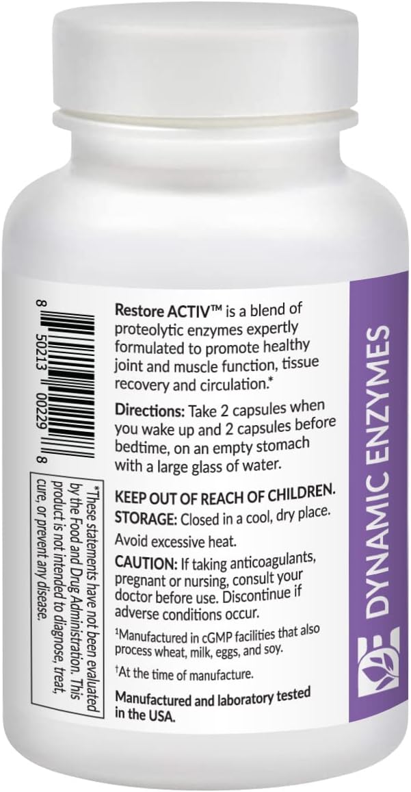Restore ACTIV Systemic Enzymes – Acid-Resistant Serrapeptase 90,000 SPU + Nattokinase 400 FU – Protease Blend for Muscle, Joint & Tissue Support – Supports Healthy Circulation – 90 Veg Caps