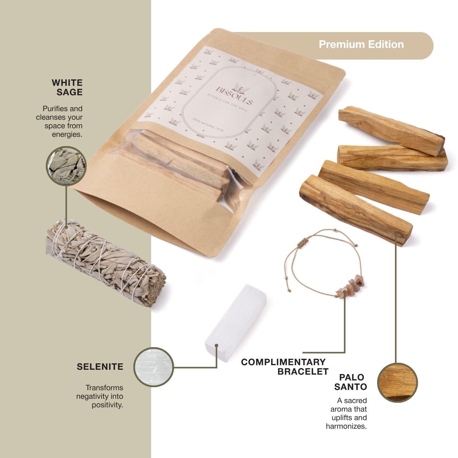 Zestaw do oczyszczania energetycznego: 4 Palo Santo, 1 biała szałwia, bransoletka jako prezent + selenit (cyfrowa zawartość QR) – naturalne i idealne do medytacji, jogi, rytuałów duchowych