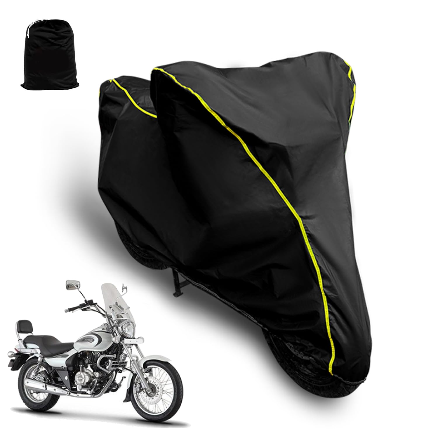 AUTOCOZEN Waterproof Bike Cover Compatible with Bajaj Avenger 220 Cruise Cover with All Weather Protection and Triple Stitch, Heavy Buckle with Storage Bage & Black with Yellow Piping-image-41