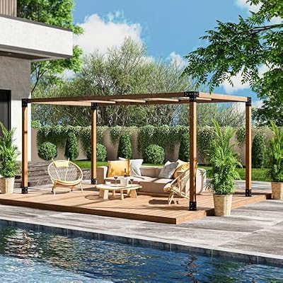 HAPPATIO 10' X 13' Outdoor Pergola Pretreated Wood Pergola for Deck, Backyard, Patio, Wooden Pergola with Pergola Brackets and Expansion Screws (Dark Brown)