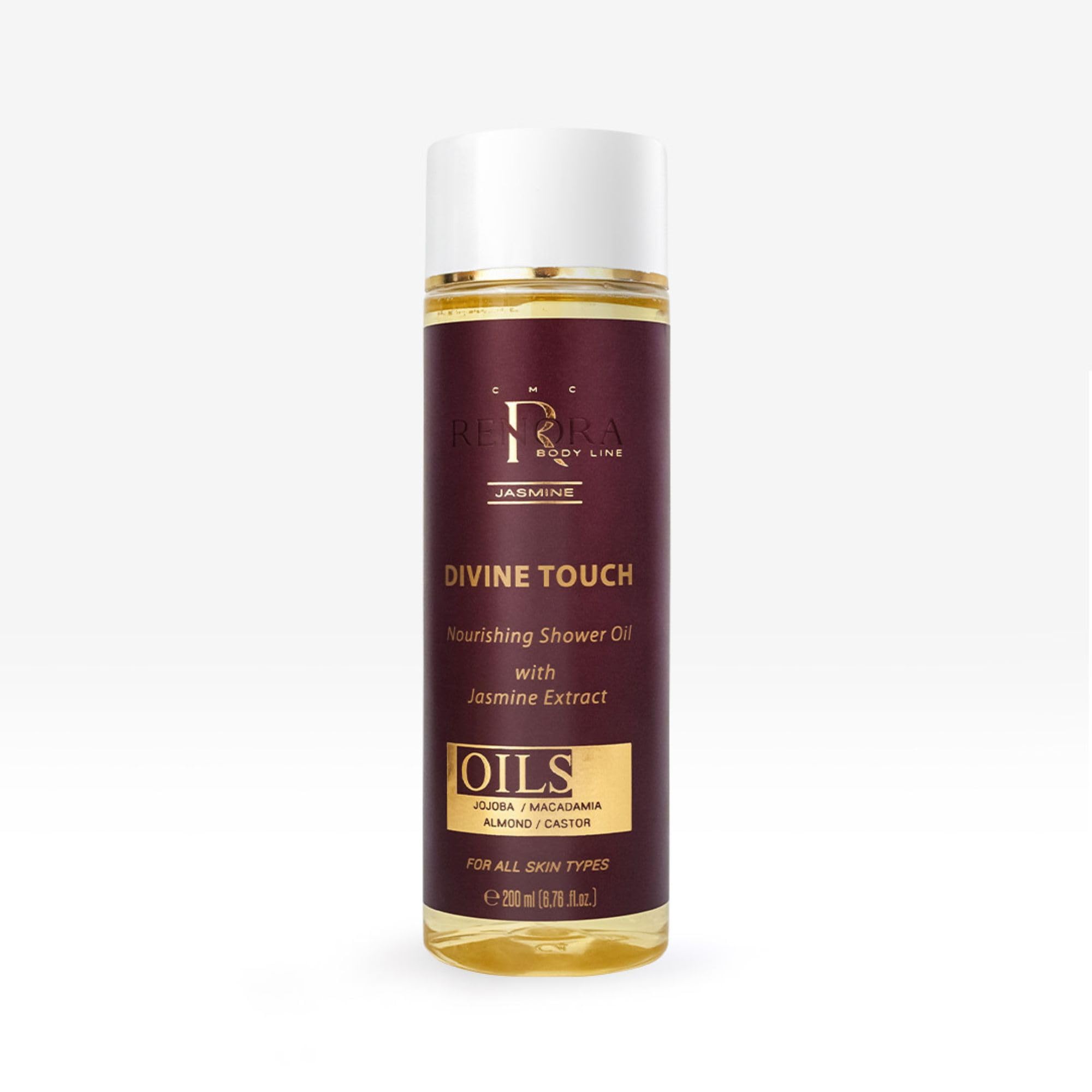 RENORA | Aceite de Ducha Nutritivo| Divine Touch| Aceite corporal| Hidratante, Piel Suave| Ingredientes naturales, Jojoba, Madamia y Almendra, Aceite de Ricino y Jazmín| Todo tipo de pieles| 200 ml