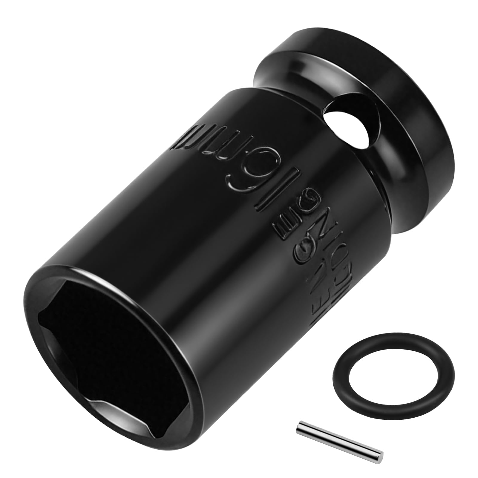Lunhoo 16mm Standard Impact Socket, 1/2” Square Drive, 6 Point Hex Impact Socket for Hex Bolts, Lug Nuts and Scaffolding Clamps, CR-V Steel with Retaining Pin & O-Ring