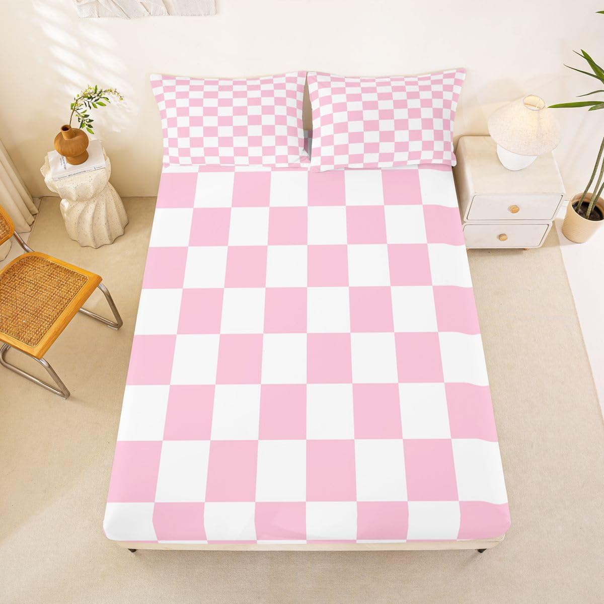 Manfei Checkered Bed Sheet Set Pink White Plaid Mattress Cover Kids Teens Adult Room Decor Retro Neutral Checkerboard Geometric Twin Size 2Pcs(1 Fitted+1 Pillowcase) No Flat Sheet Vintage Aesthetic image 4