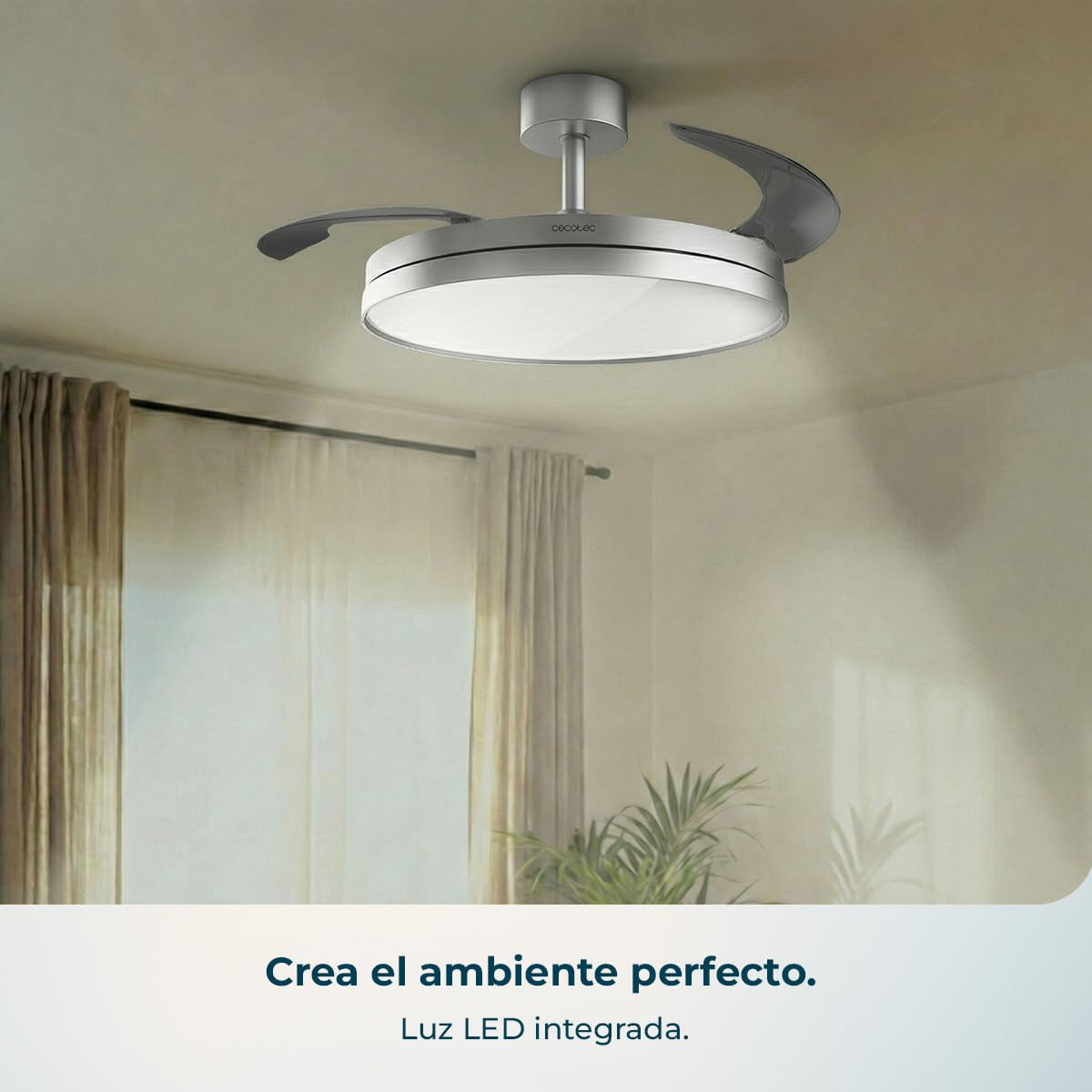 Cecotec Ventilador de Techo con Luz con Aspas Retráctiles EnergySilence Aero 2440 Invisible Pure Steel. 30W, Motor DC, Mando a Distancia, Temporizador 6h, 6 Velocidades, Función Winter-Summer
