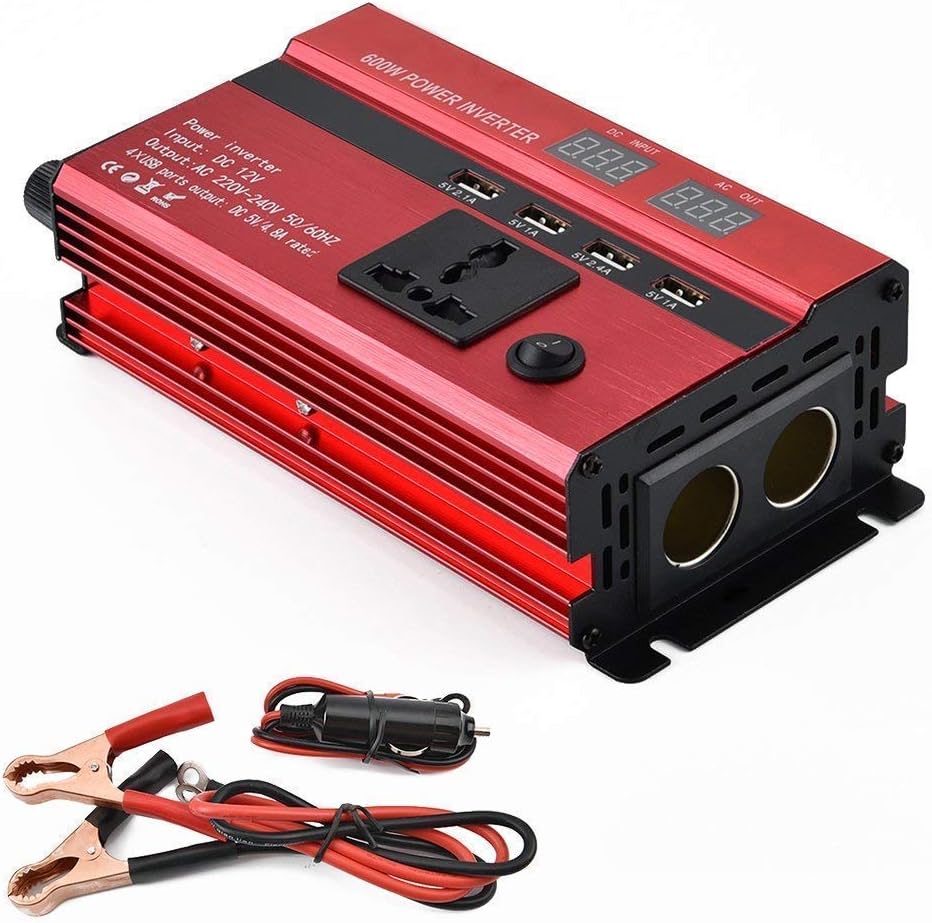 Tellunow 600W Auto Power Inverter Dc 12V To Ac 200V-240V Car Converter With 4 USB And 2 Ac Outlets For Smartphones, Tablet, Laptop,Nebulizer