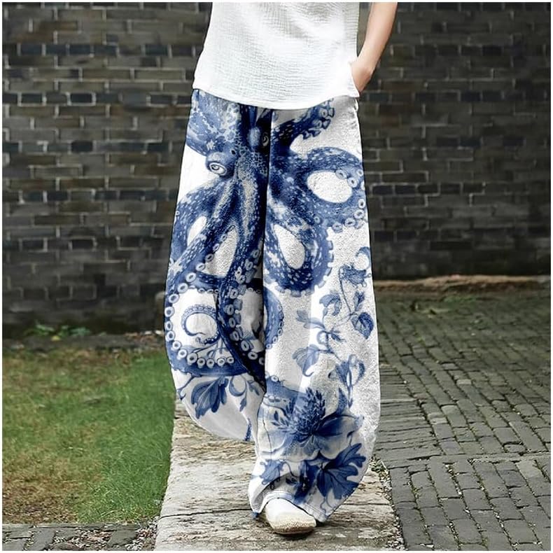 ZOCAVIA Boho Floral Lantern Pants for Women Summer Baggy Japanese Style Wide Leg Pants Elastic Hippie Trouser with Pockets