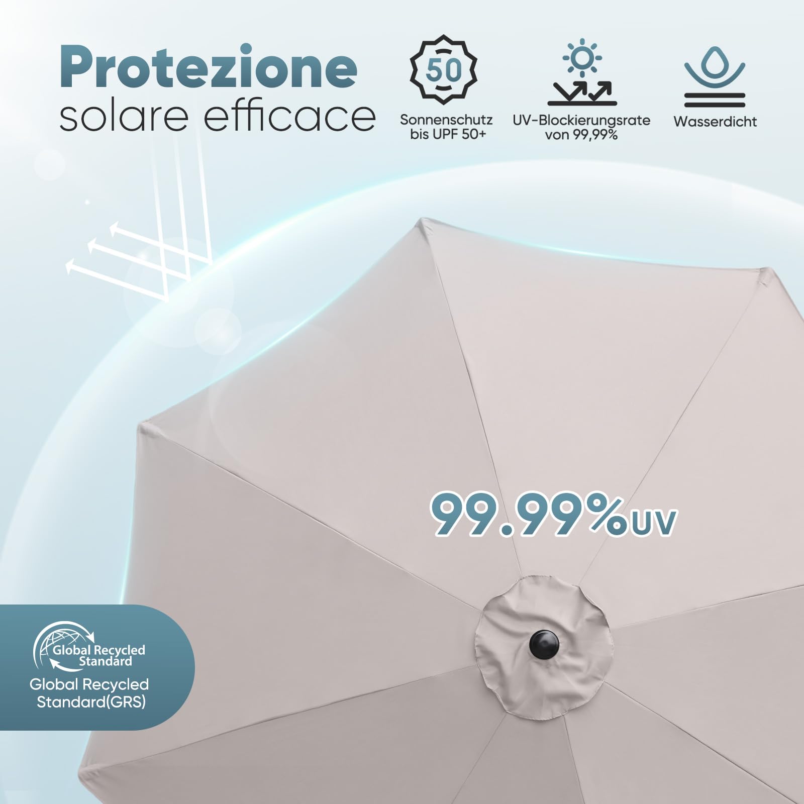 Sekey Ombrellone 300 cm con protezione UV50+, impermeabile, con manovella, ideale per giardino, balcone e terrazza