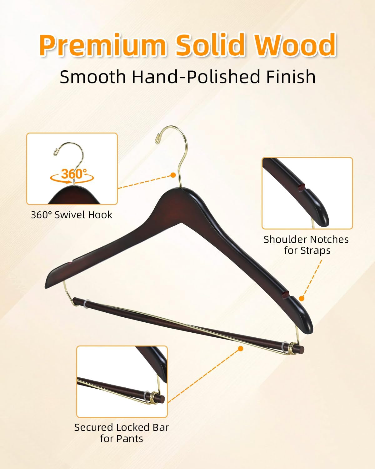 Wooden Suit Hangers 10 Pack, Premium Solid Wood Coat Hangers with Locking Pants Bar, 360° Swivel Hooks and Shoulder Notches, Dark Walnut Wood Hangers for Closet, Suits, Coats, Jackets