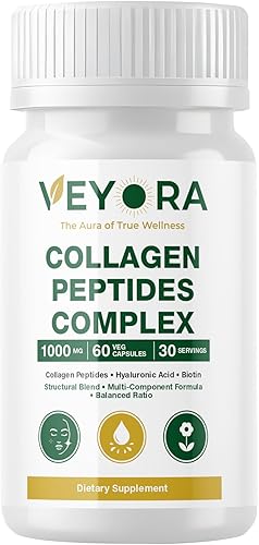 Complejo de péptidos de colágeno 1000 mg  60 cápsulas veganas  con ácido hialurónico y biotina  Fórmula sin marinos a base de plantas Beauty Wellness