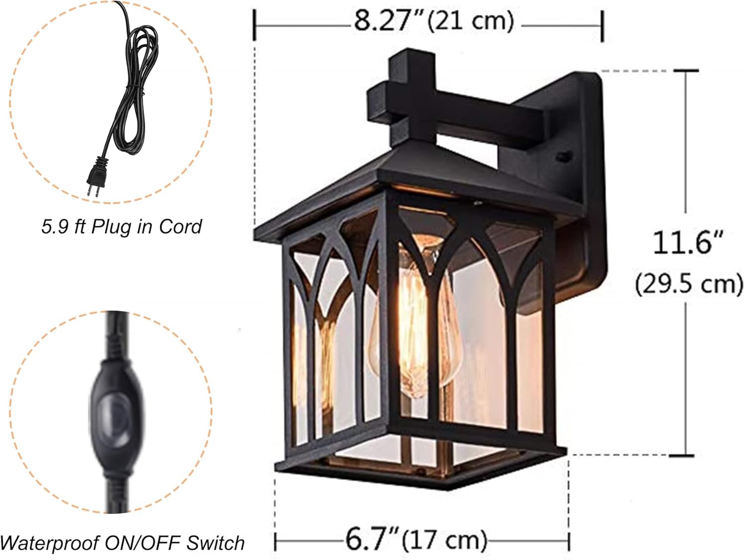 Kiven Plug in Wall Lamp, Dimmable Wall Sconce with Swing Arm, 5.9ft Plug-in Cord, Remote Control (Dimmable,3 Color Modes) 1-Light Industrial Wall Lights Fixtures for Bedside Reading E26 Base
