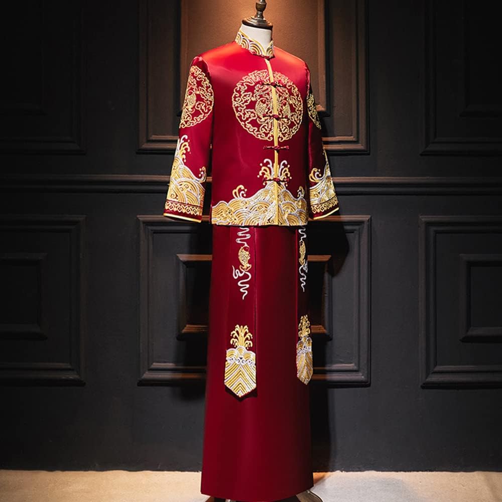 Men's Chinese Traditional Dress,Exquisite Embroidery Groom Dress Tang Suit Wedding Ceremony Robe Red,S2