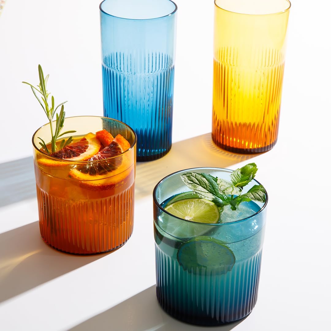 Bloomhouse Lyon Sky 4 Piece Hand Made 16 OZ Lapis Blue Colored Glass Double Old Fashioned Set w/Four Coasters