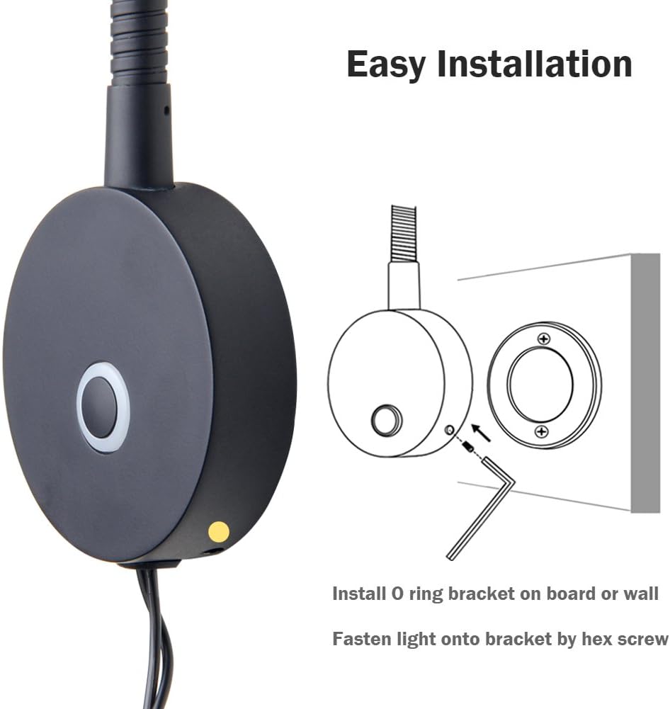 acegoo Dimmable Reading Light Gooseneck LED Task Light Minimalist Directional Light Light Headboard/Wall Surface Mount Matte Black