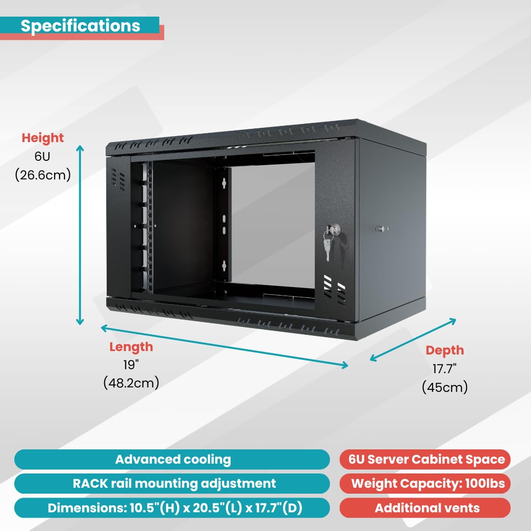 Armoire Réseau 19 Pouces - Baie Informatique 6U - Baie de Brassage pour Montage Mural - Capacité de Charge 40 kg - Profondeur 450 mm - Armoire Informatique - Noir