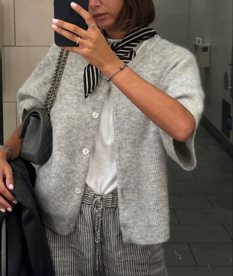 KMBANGI Women Knitted Cropped Blouse Short Sleeve Button Knit Shirt Crop Cardigan Y2k Open Front Knitwear Tops Dressy4