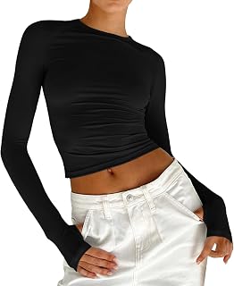 Briskorry Camisetas de manga larga para mujer, camiseta corta para mujer, Y2K, camiseta ajustada sin vientre, camiseta de manga larga, cuello redondo, camisetas atléticas skims clean girl, ropa de