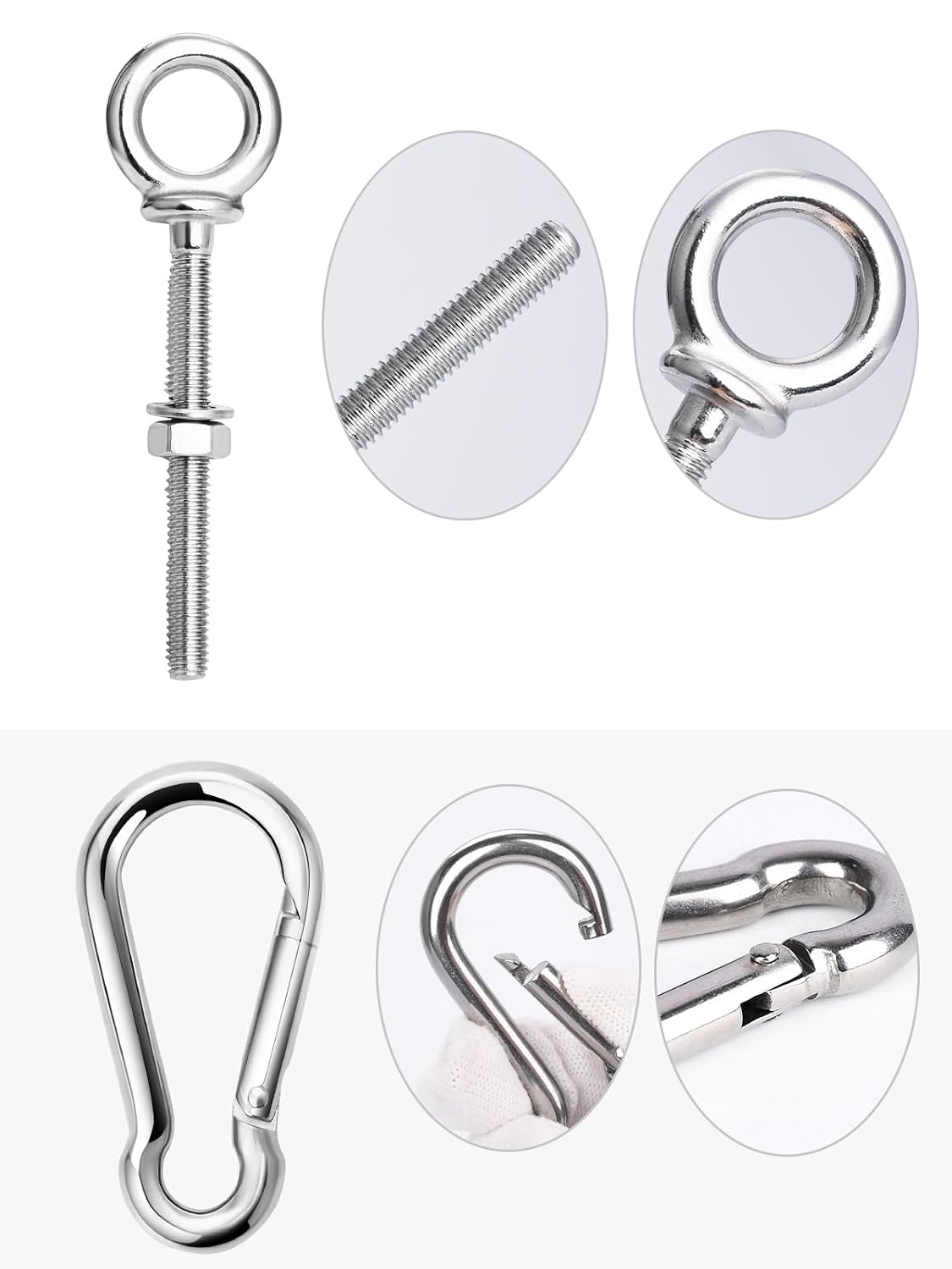 5 Pack M6 Eye Bolt, Eye Bolts with Nuts & Washers & Carabiners, 316 Stainless Steel Eye Bolt Heavy Duty, Marine Grade Threaded Eyebolts.