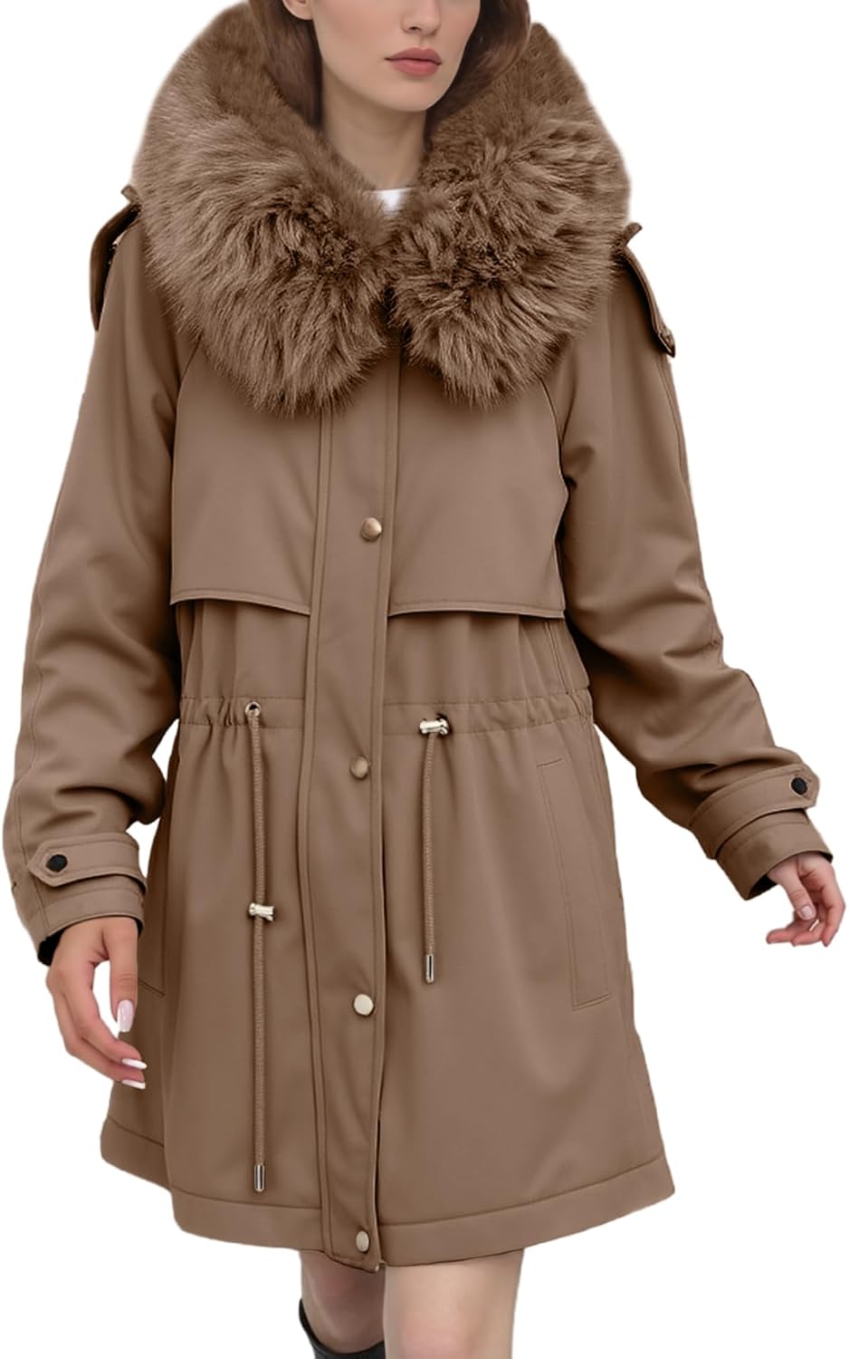 Women Warm Thicken Winter Parka Coat Fleece Lined Military Full-Zip Jacket Casual Overcoat with Fur Hood