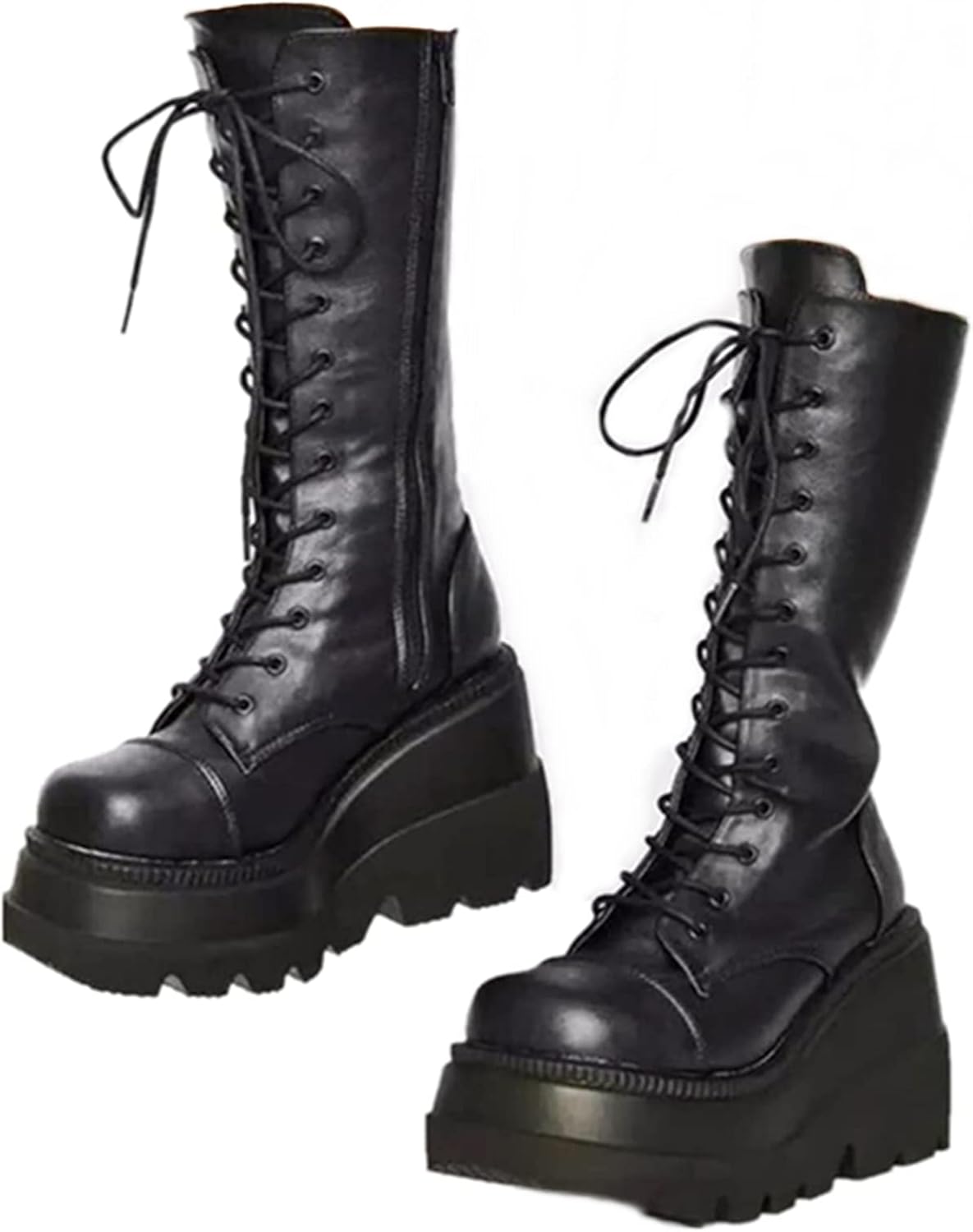 UOQAPRE Womens High Platform Mid Calf Wedges Chunky Booties Heel Round-Toe Side Zip Winter Punk Combat Boots For Women