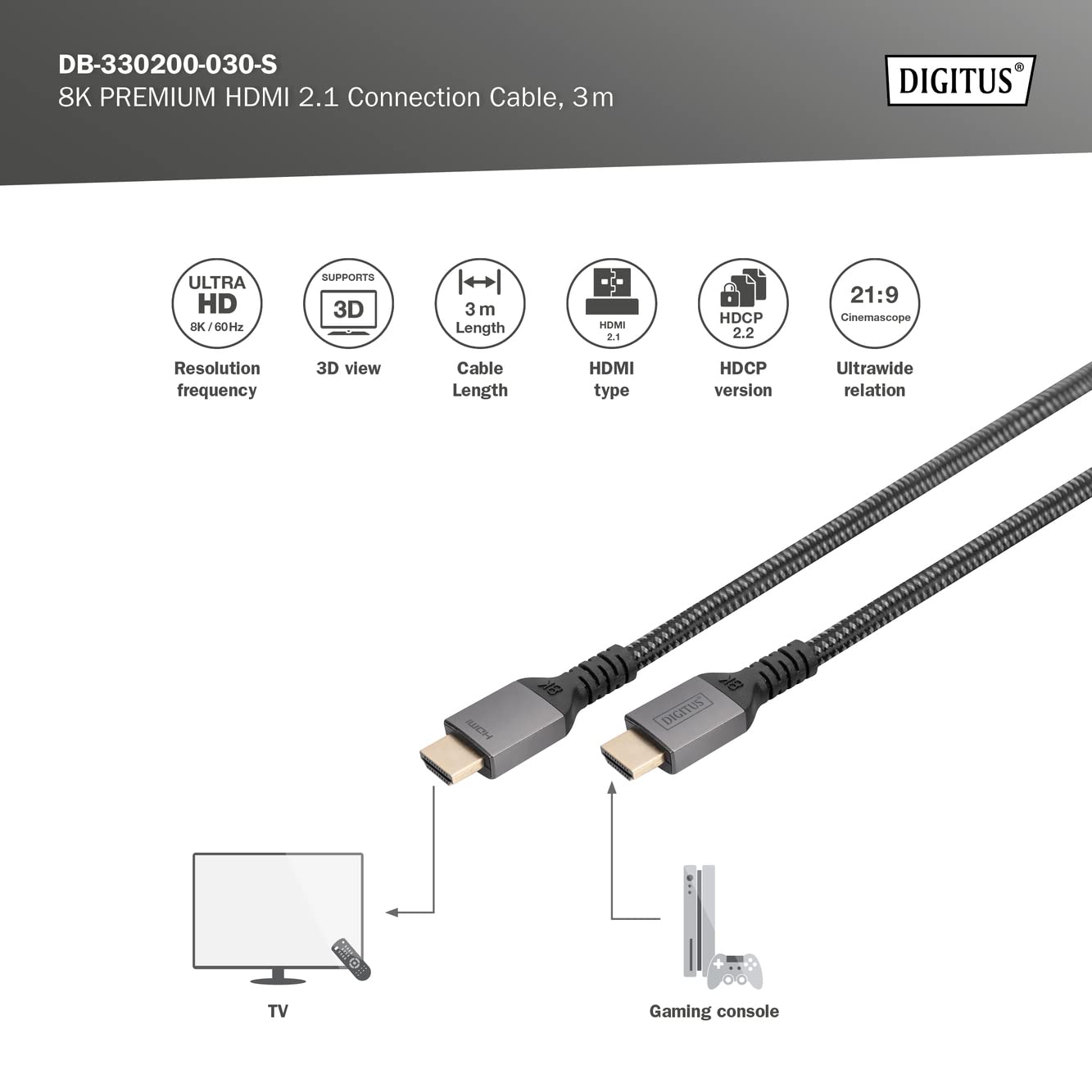 Digitus HDMI 2.1 cable, UHD-II, 3m, 8k/60Hz, 4k/120Hz, braided cable, compatible with PS5, Xbox Series, TV/projector - Image 3