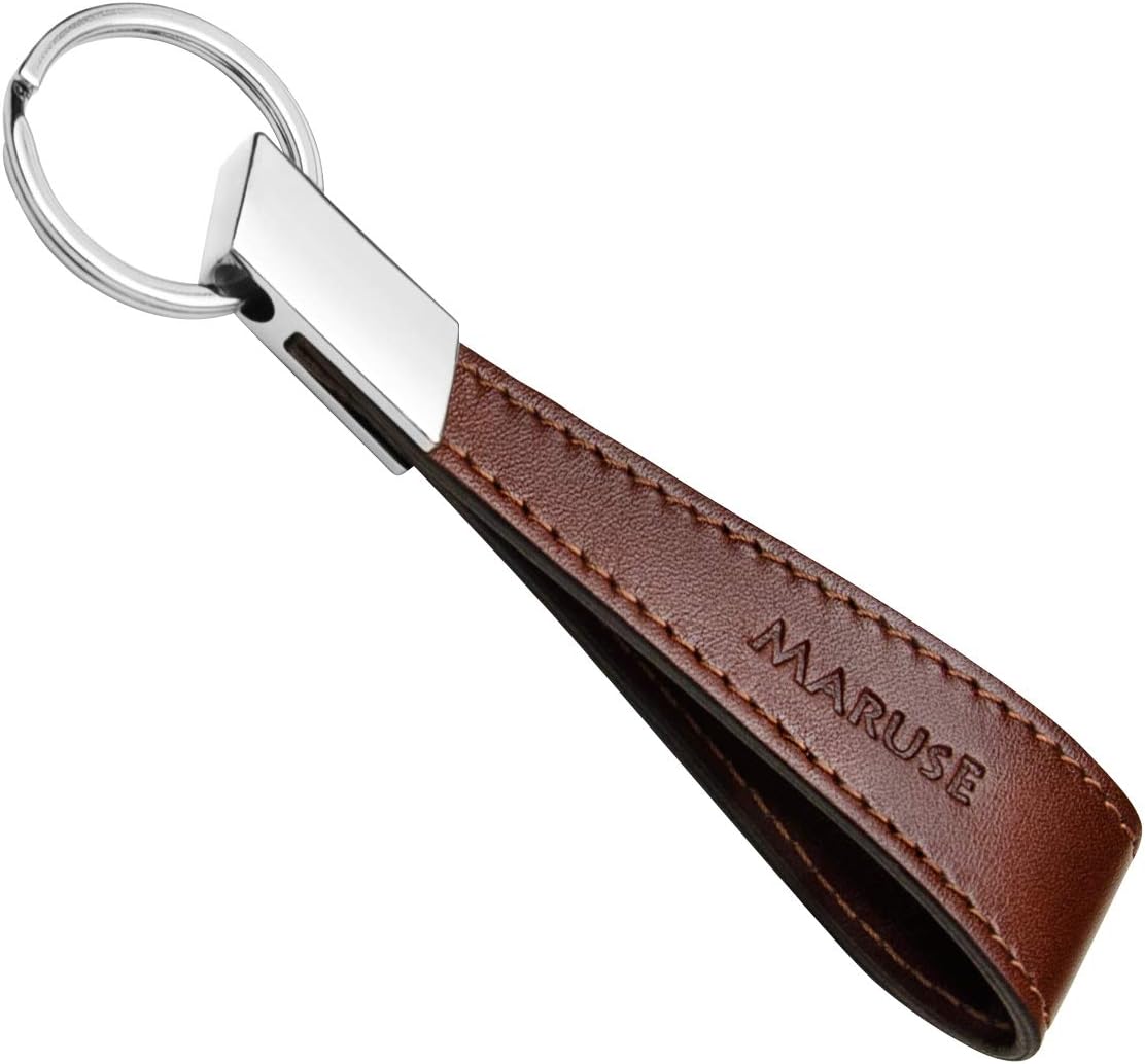 Maruse Italian Leather Keychain for Men and Women, with Flat Profile Polished Metal Key Ring, Handmade in Italy