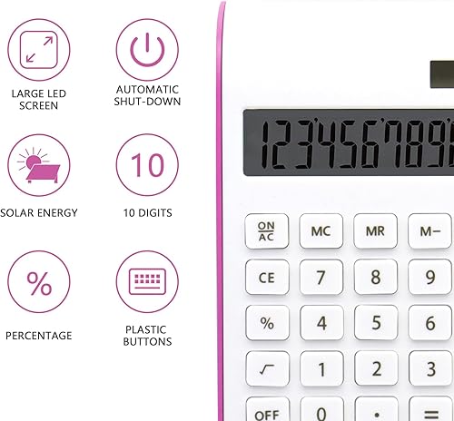 Miniatura 2 de Calculadora rosa intenso, suministros y accesorios de oficina UPIHO Hot Pink, calculadora de oficina básica de batería solar de 10 dígitos con