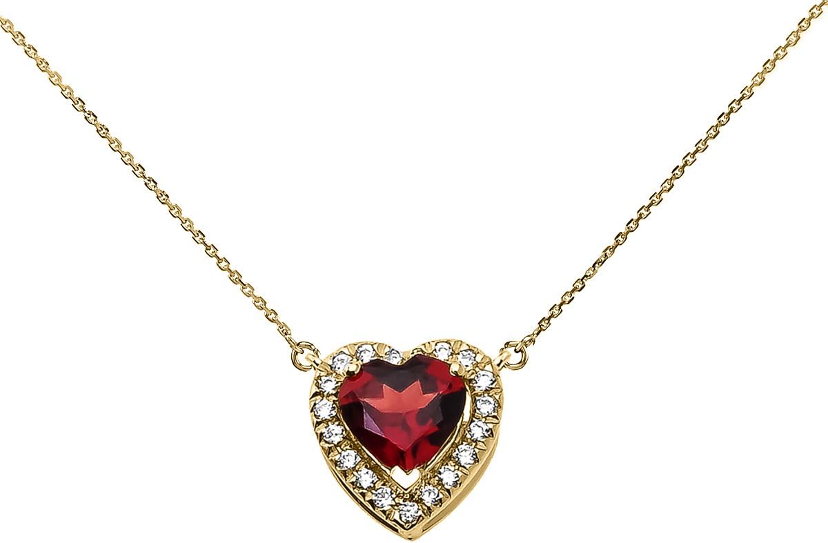 14k Yellow Gold Diamond and January Birthstone Garnet Heart Solitaire Necklace