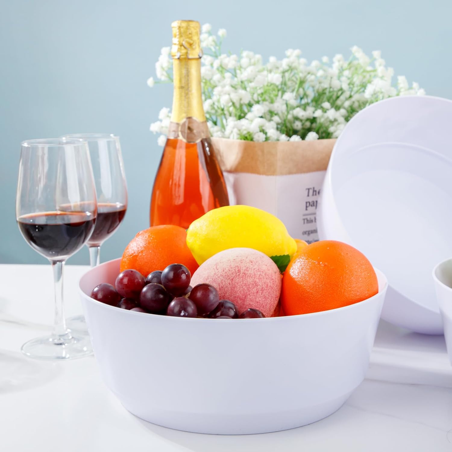 Hioasis 8 Pack Plastic Serving Bowls 128oz White Plastic Bowls Heavy Duty Disposable Serving Bowls for Party Snack & Salad & Candy & Bar Buffet - Image 6