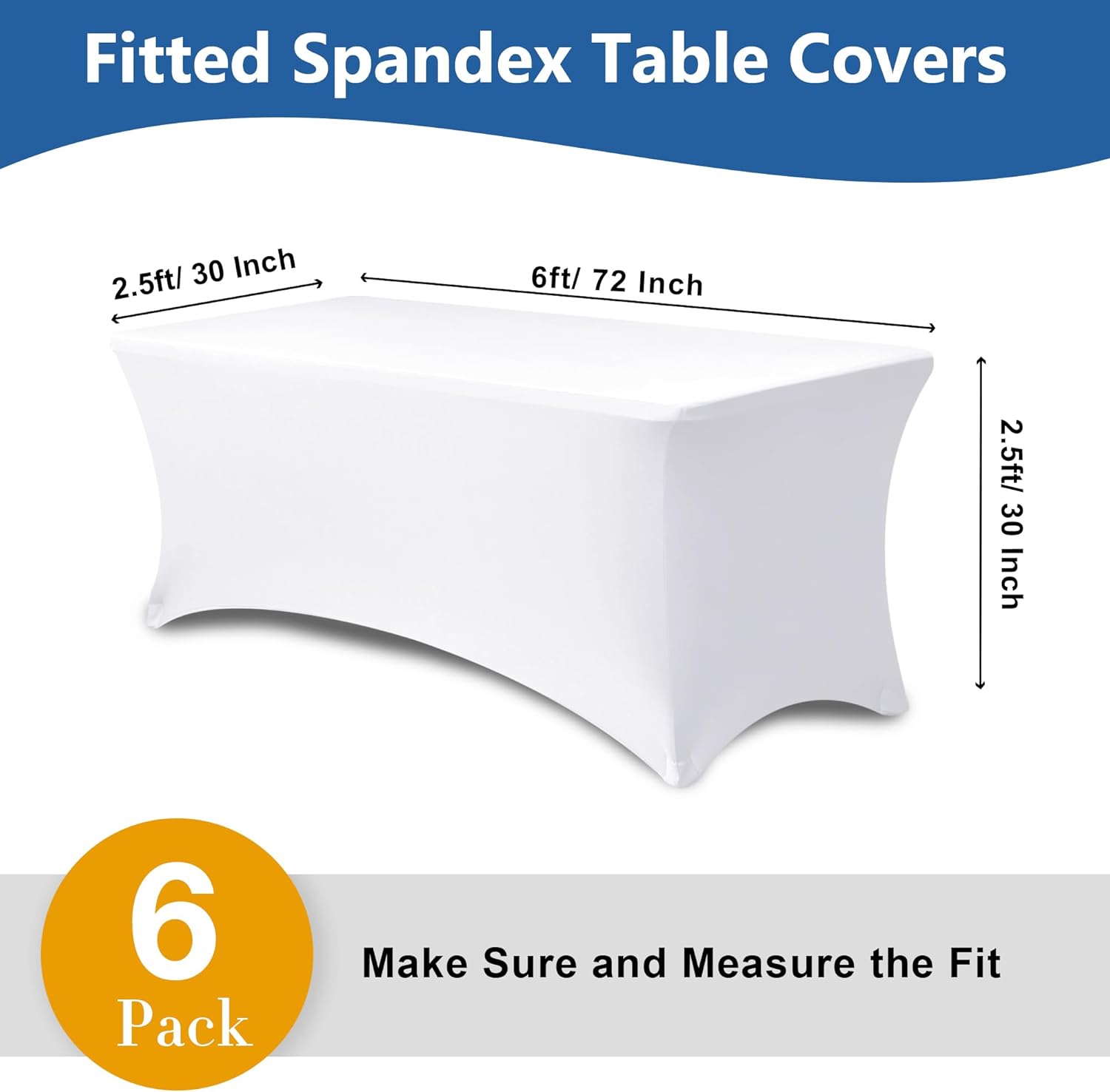 Table Cover for 6 foot Rectangle Tables-6 Pack White Fitted Stretch Tablecloth-Elastic Spandex 6ft Folding Tablecloths for Party, Vendor Booth Display, Banquet Buffet Event, Craft Trade Show