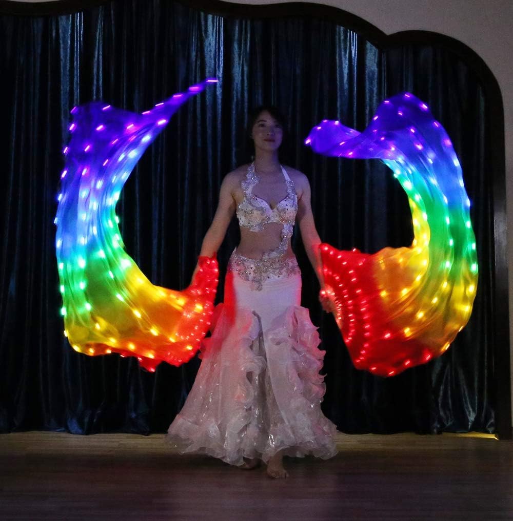 Upgrade 100% Silk Belly Dance LED Fans Veil - 1.8m Long Bamboo Fans Veil Hand Made Silk Fans for Dance/Outdoor