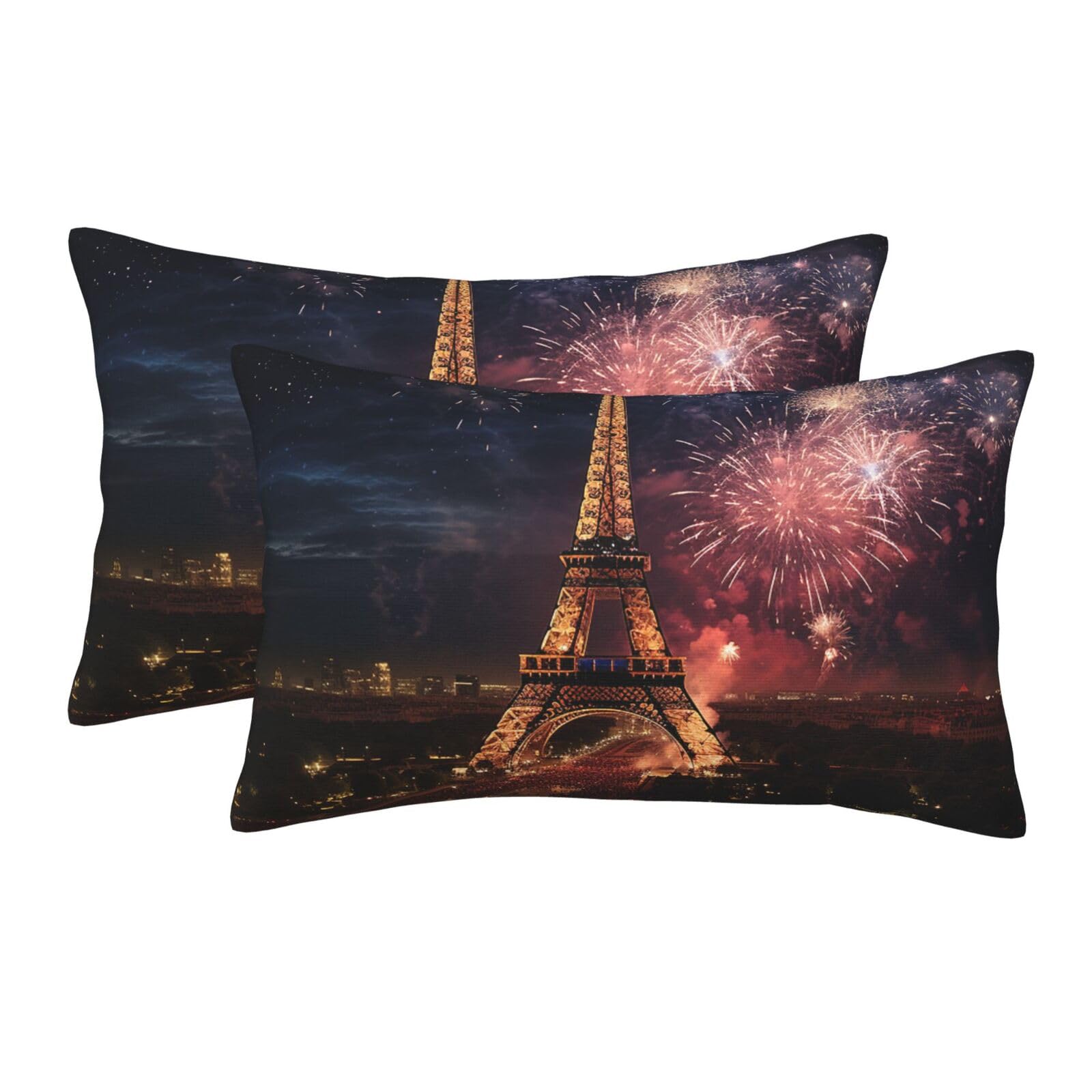 2 Pack Pillow Cases with Hidden Zipper, Soft Breathable Pillow Covers for Hair and Skin, Eiffel Tower Fireworks Pillowcases 16"x24" Bed Pillow Protectors Cover for Sleeping Gifts