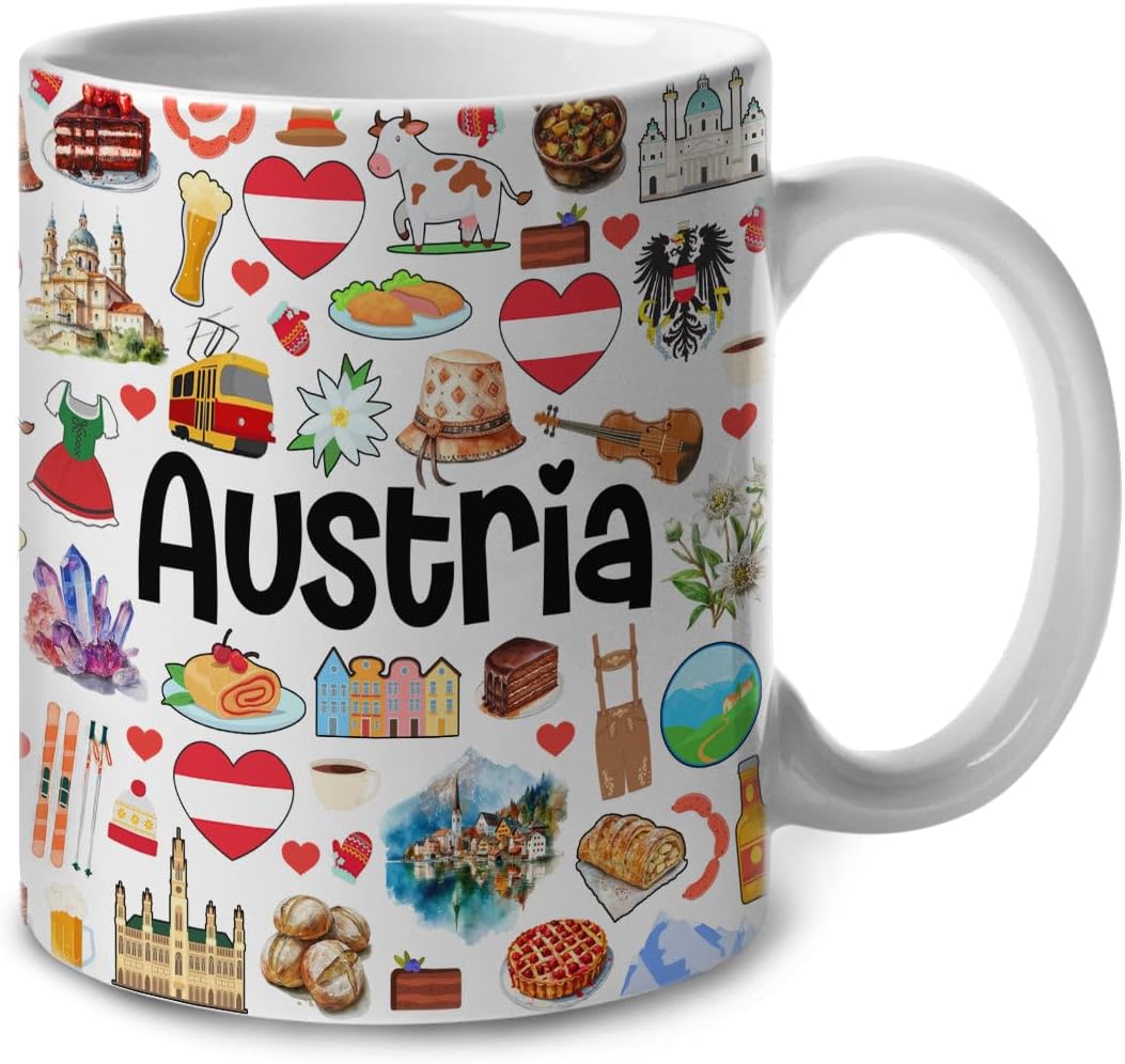 Lotacy Austria Symbols Colorful Coffee Mug, Austria Ceramic Mug 11 oz Coffee Mug, Austria Souvenir and Gifts, Gift Idea for Austrian Men and Women