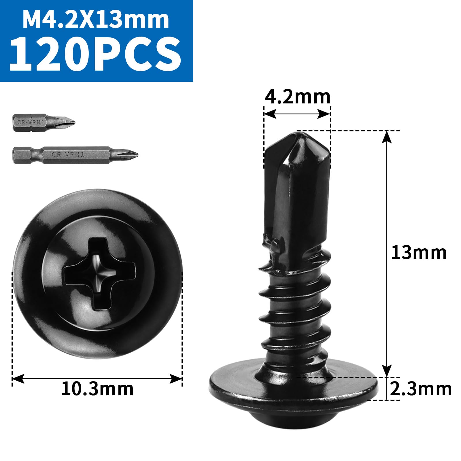 TXXATX M4.2x13 mm Self Tapping Screws Metal 120 Pieces Self Drilling Screws 410 Stainless Steel Wafer Head Screws Black for Metalwork Wood Plastics Furniture - Image 2