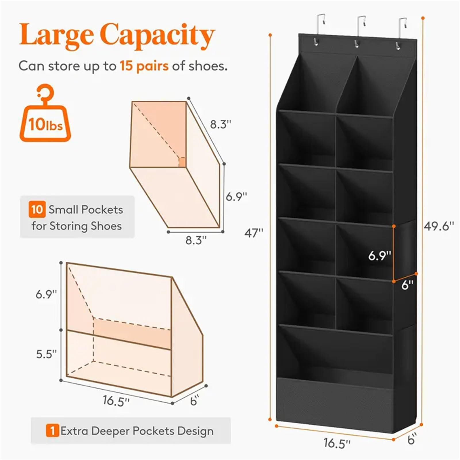 Organizador de Zapatos de 6 Niveles sobre la Puerta, Estante Colgante for Zapatos, for Armario(Negro,2pcs)