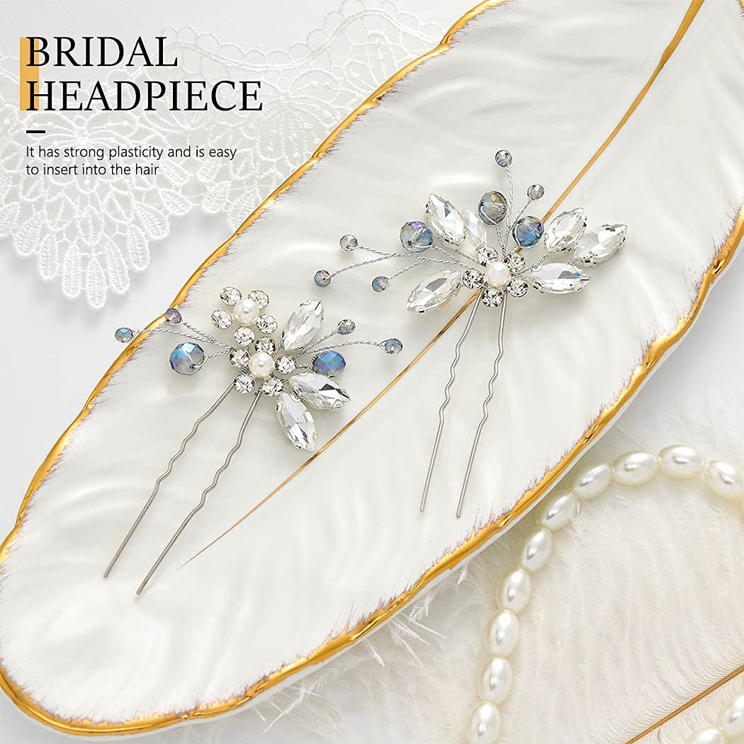 Jeairts Rhinestone Wedding Hair Pins Silver Glitter Flower Bridal Hair Pieces Blue Crystal Hair Accessories for Brides