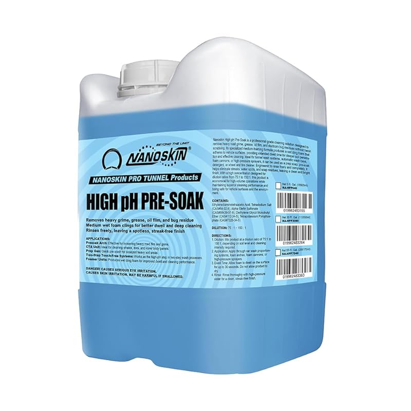 Nanoskin High pH Pre-Soak – 5 Gallons, 75:1 to 150:1 Concentrated Foam Detergent for Car Wash Tunnels, Automatic Wash Systems, and Foam Cannons 640 Fl Oz (Pack of 1)