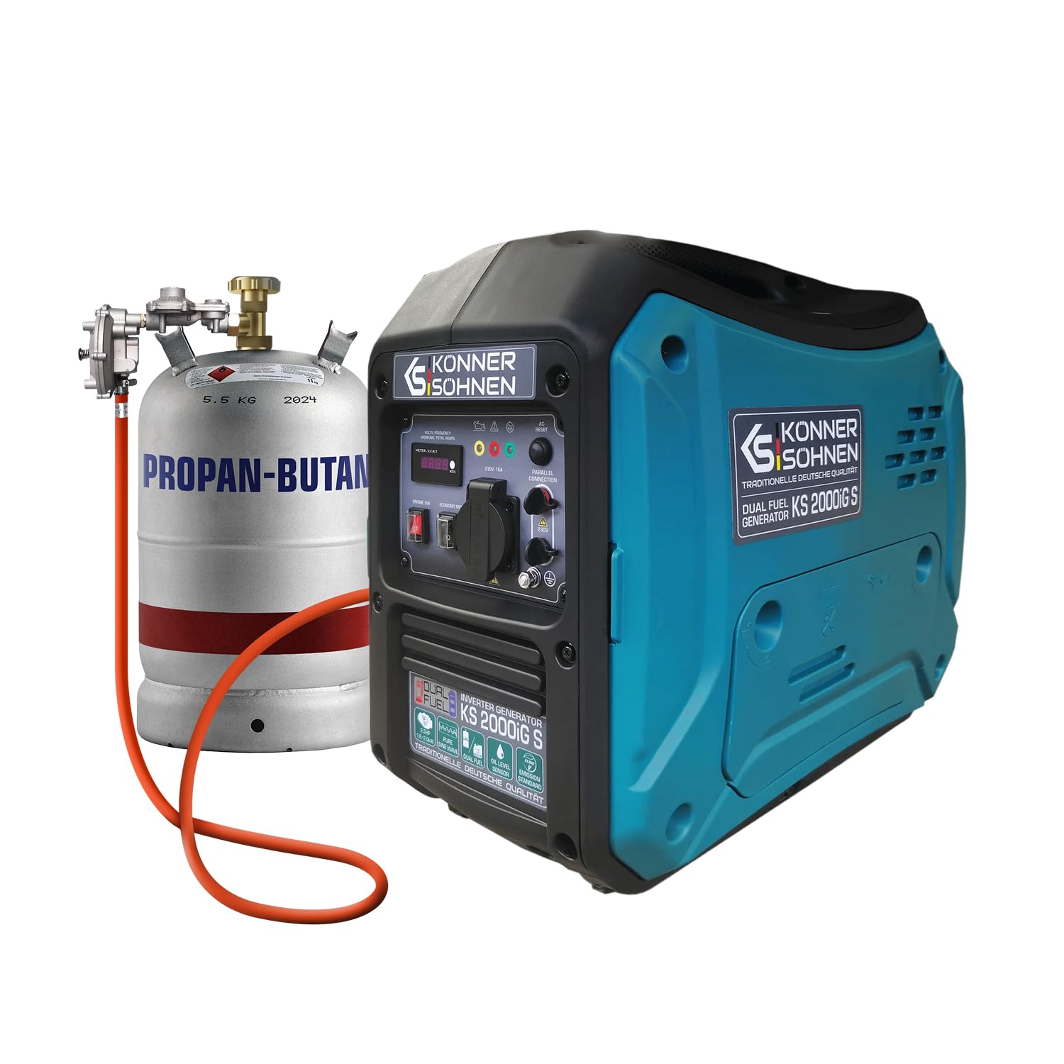 Générateur inverter à gaz/essence Könner & Söhnen KS 2000iG S, boîtier insonorisé, 2000 W, une prise 1x16A (230V), 2 ports USB, affichage LED, Economie mode, enroulement en cuivre, EURO V, onduleur