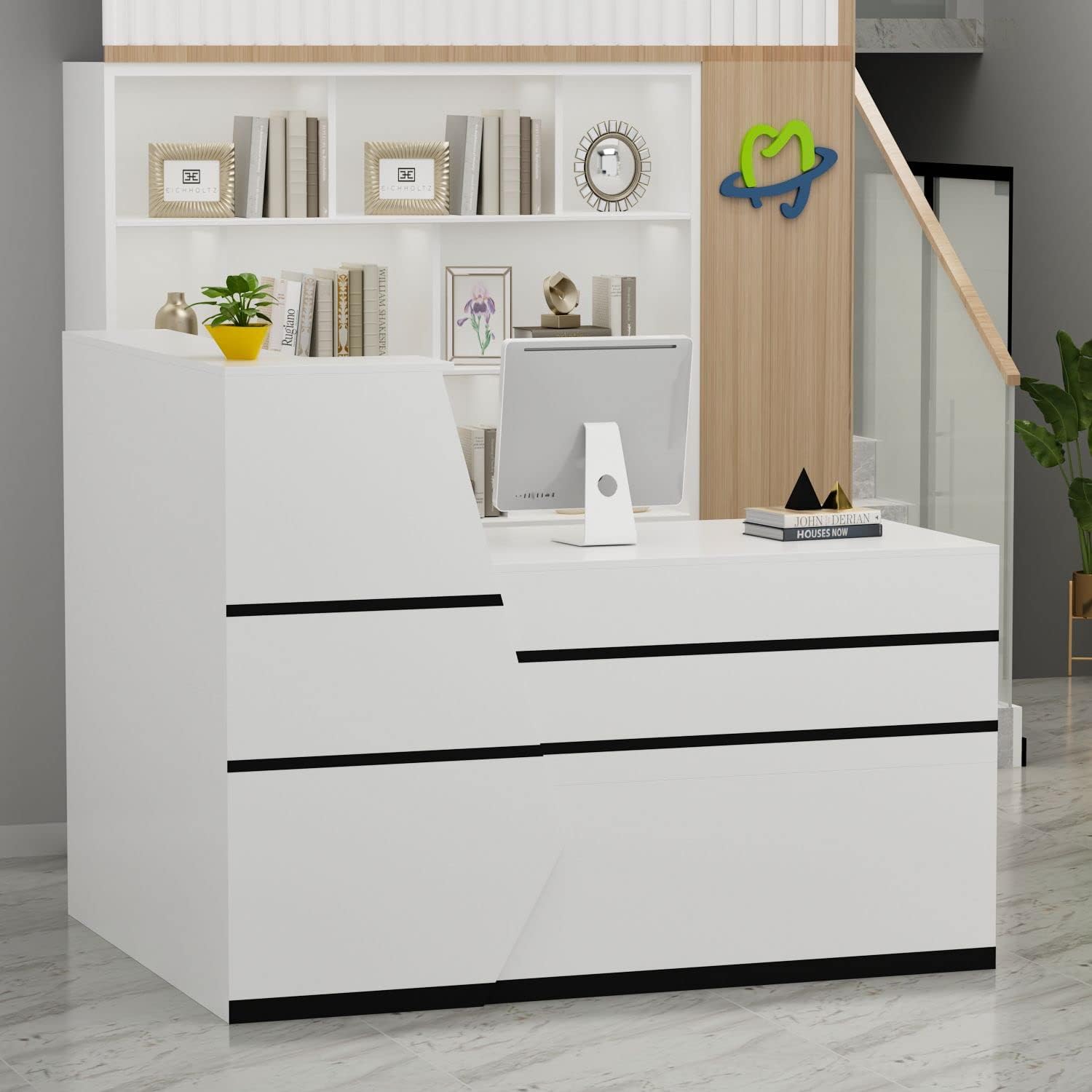 FAMAPY Modern Reception Desk Counter Desk for Retail & Checkout, Front Counter Table, L-Shaped, Black Tapes, Large Storage, for Office Boutique Lobby White (55.1”W x 23.6”D x 43.3”H) : Office Products