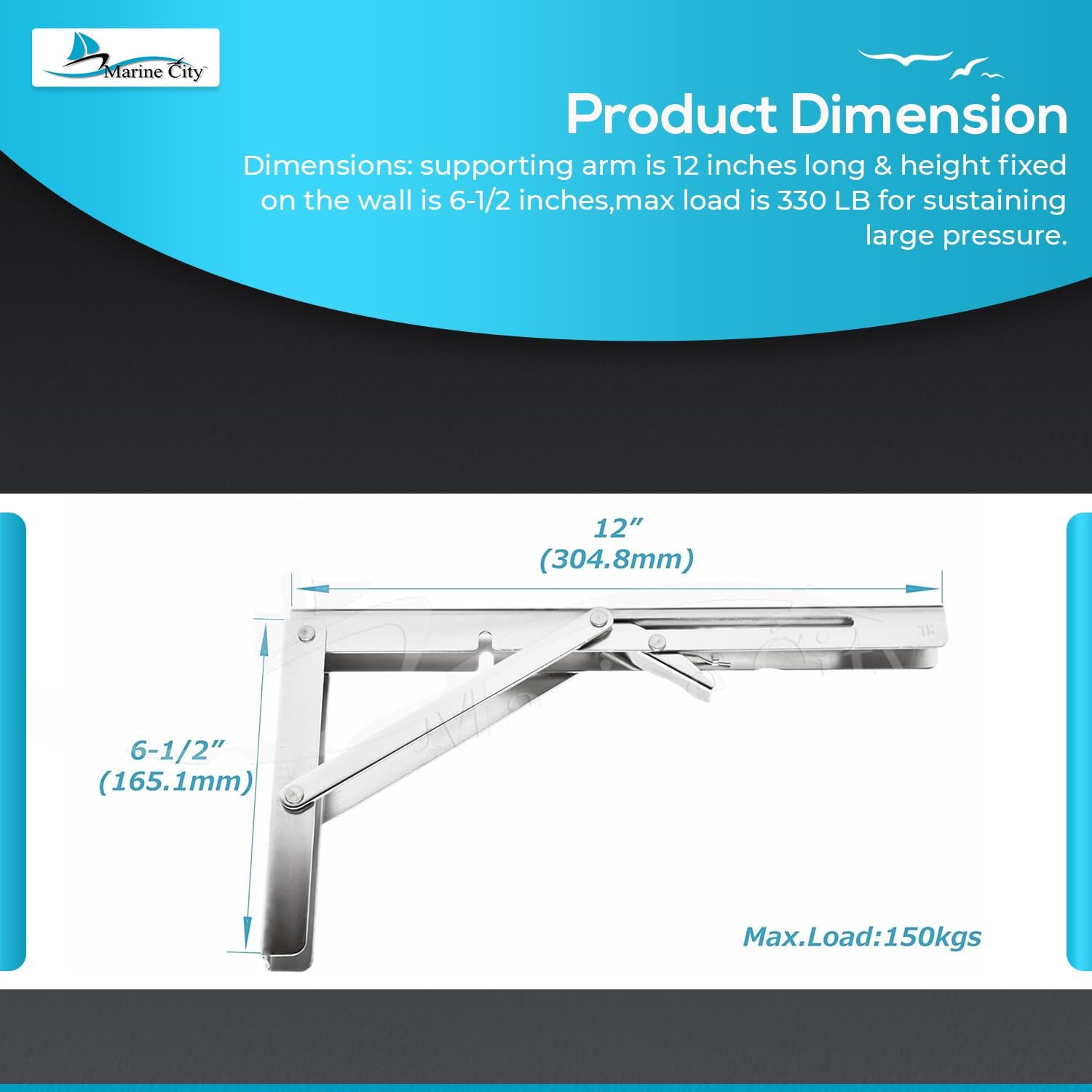 MARINE CITY Table Bracket Long Release Arm, 304 Stainless Steel Folding Shelf Bracket, 12-inch Arm, Supports 550LB, Space-Saving Design for Marine, Boats, Tables, Shelves, Storage Racks image 5