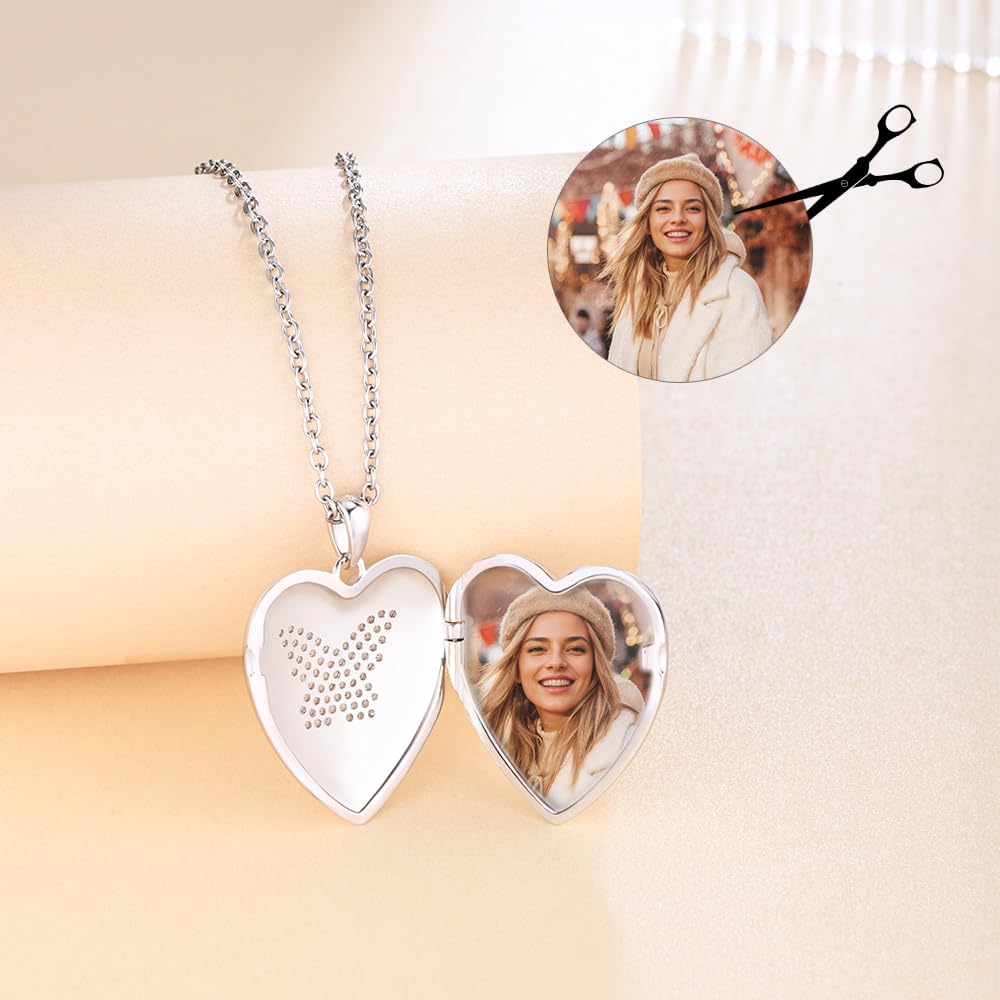 Collana da donna in argento Sterling 925 con ciondolo a forma di cuore e farfalla, con zirconi, apribile per foto