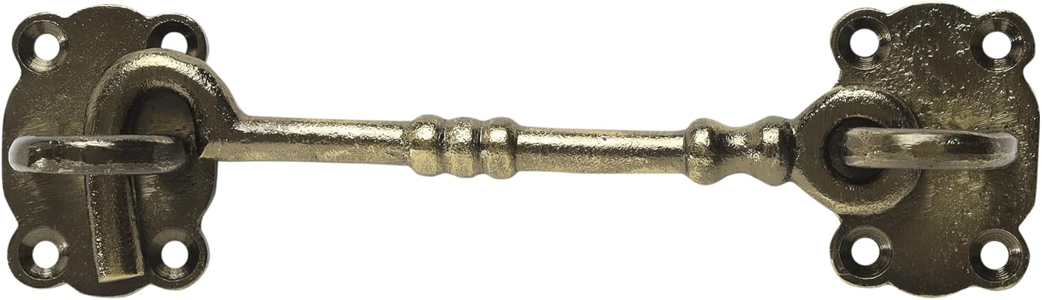 SKANDH 6" Heavy Duty Iron Hook and Eye Latch for Gate Door Window, Hook with Mounting Screws Antique Brass Powder Coated